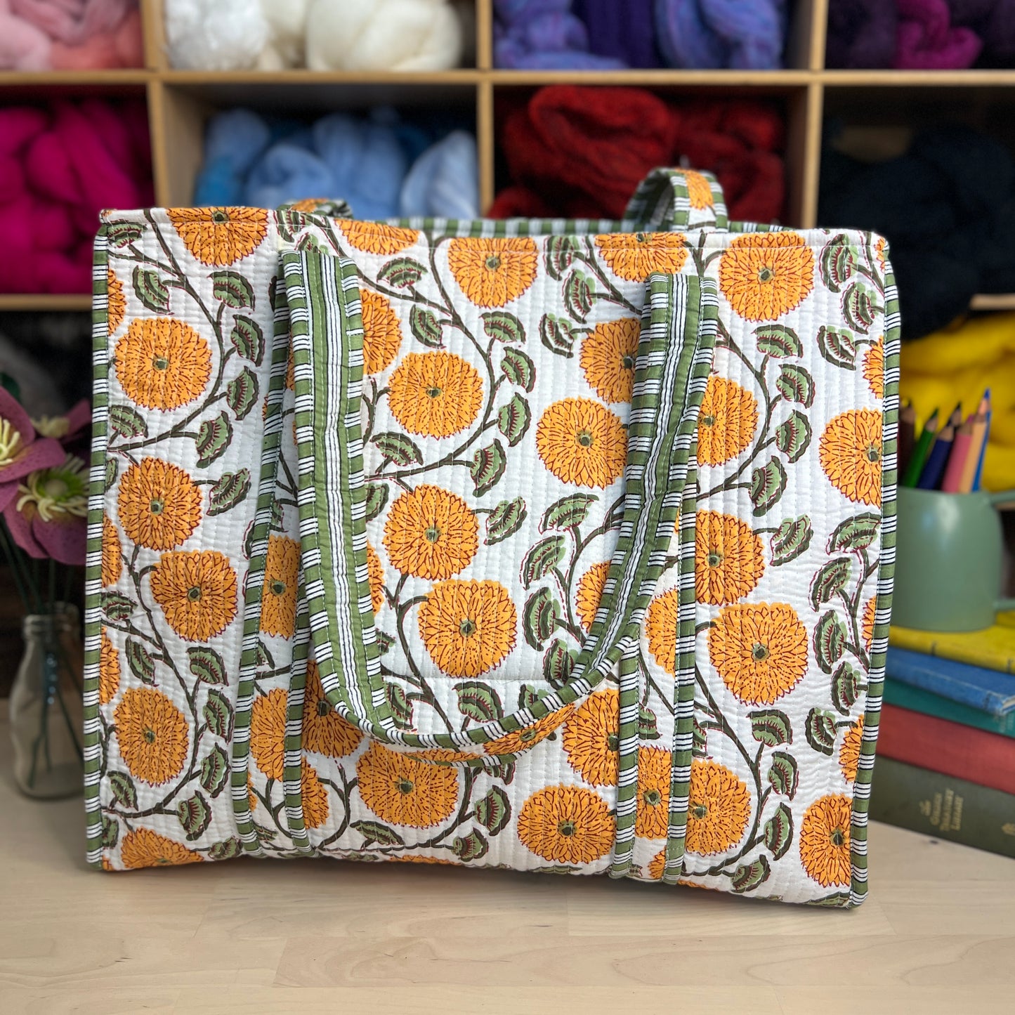 Large Reversible Quilted Tote Bag (White with Orange Flowers)