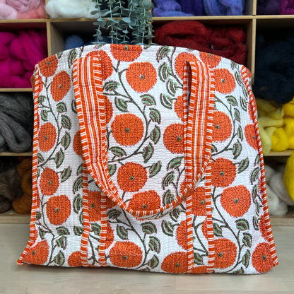 Large Reversible Quilted Tote Bag (White with Dark Orange Flowers)