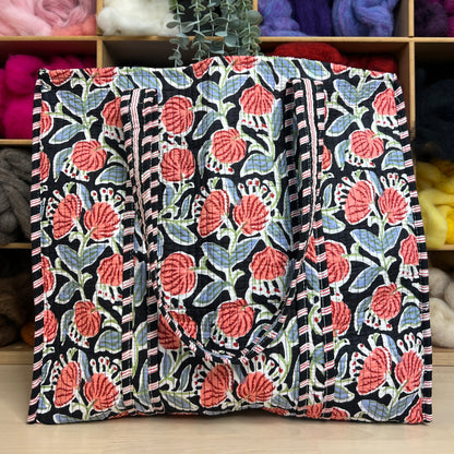 Large Reversible Quilted Tote Bag (Black with Pink & Blue Flowers)