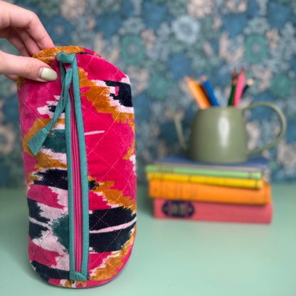 Velvet Barrel Bag (Fuchsia Brush Strokes with Teal Zip)