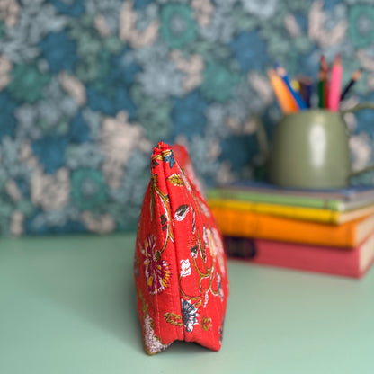 Quilted Everyday Zipped Pouch (Red with Colourful Flowers)