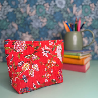 Quilted Everyday Zipped Pouch (Red with Colourful Flowers)