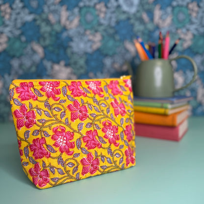 Quilted Everyday Zipped Pouch (Yellow with Pink Flowers)