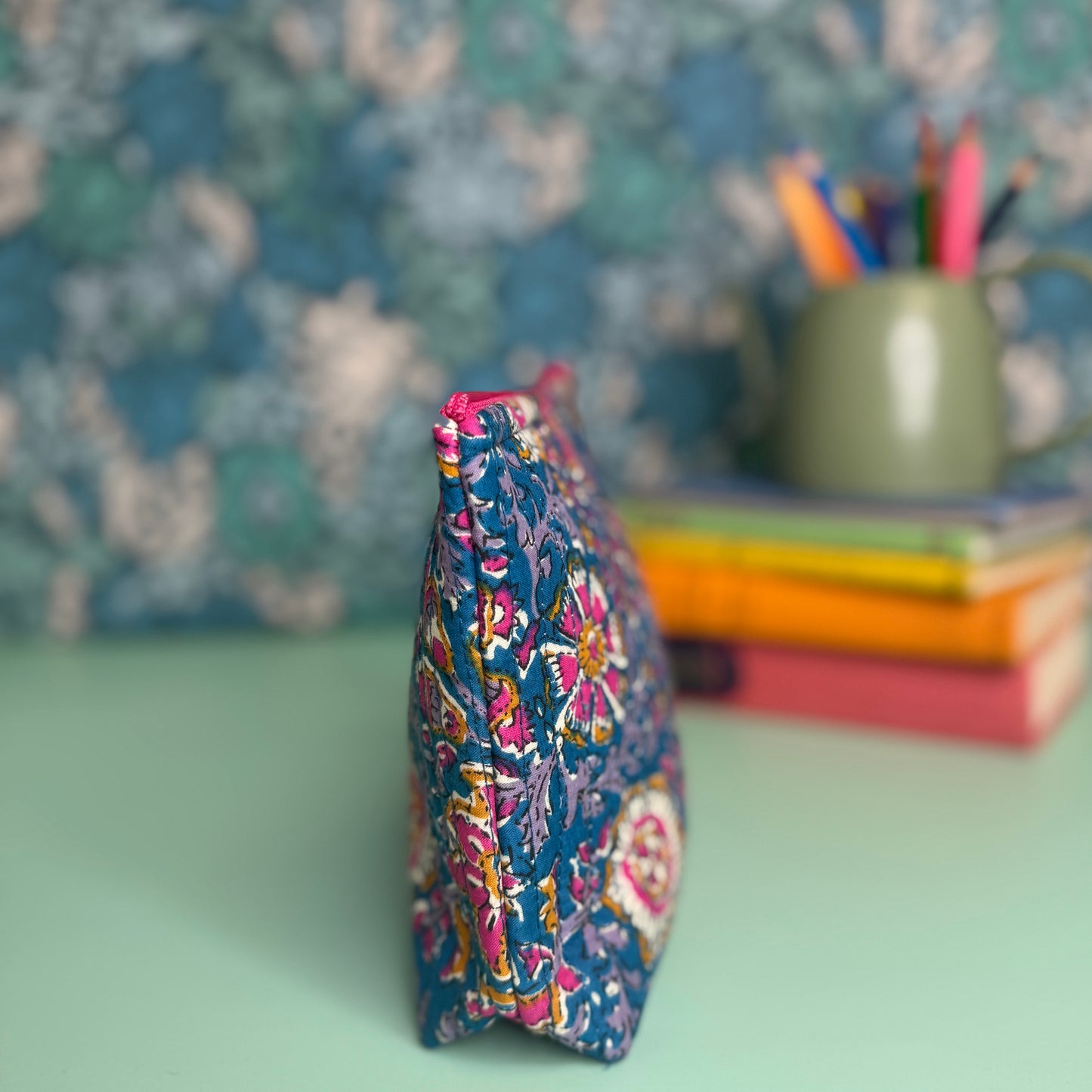 Quilted Everyday Zipped Pouch (Blue with Pink Flowers & Pink Lining)