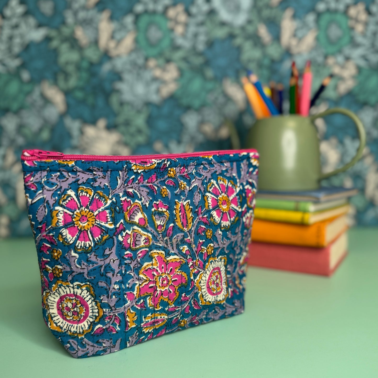 Quilted Everyday Zipped Pouch (Blue with Pink Flowers & Pink Lining)