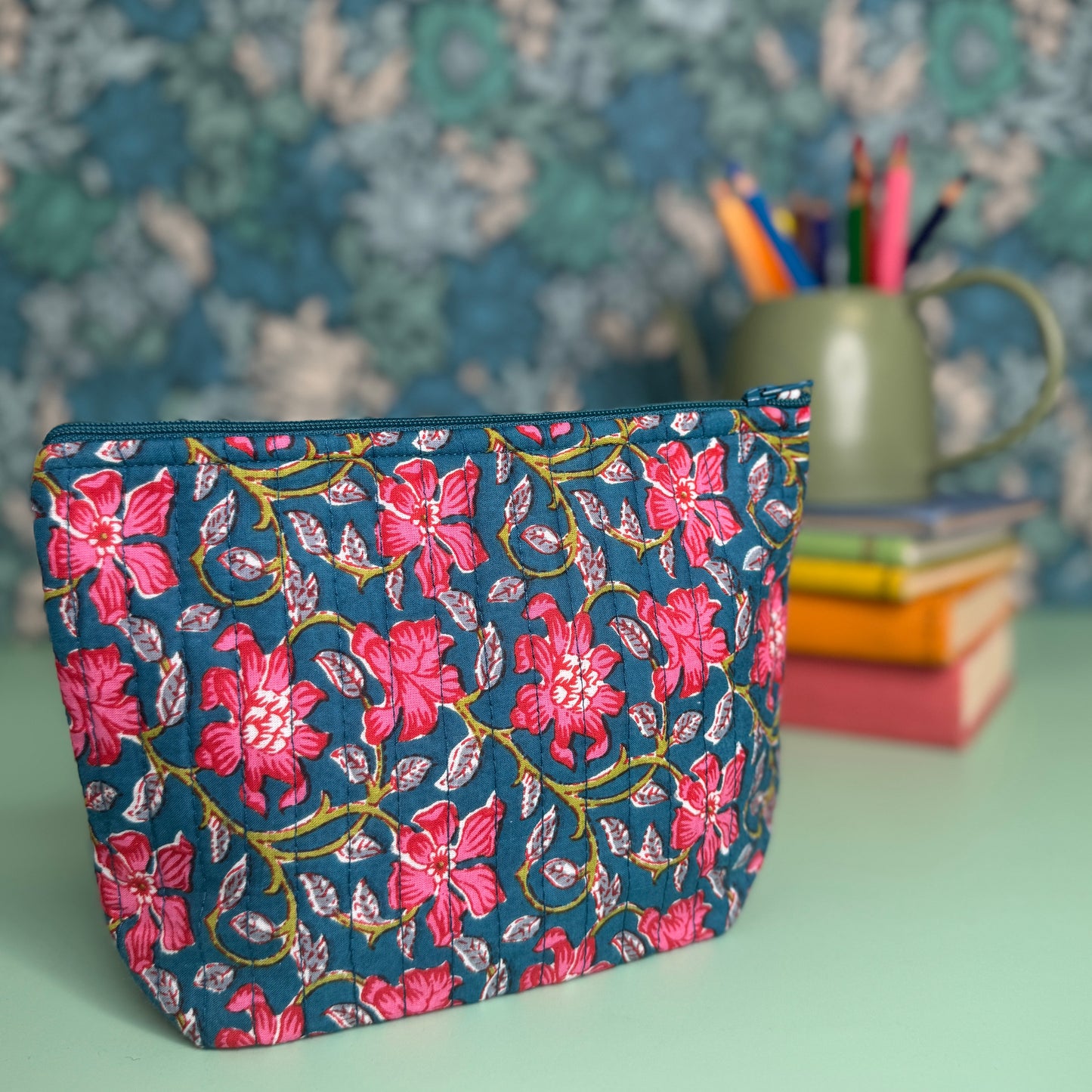 Quilted Everyday Zipped Pouch (Blue with Pink Flowers & Blue Lining)