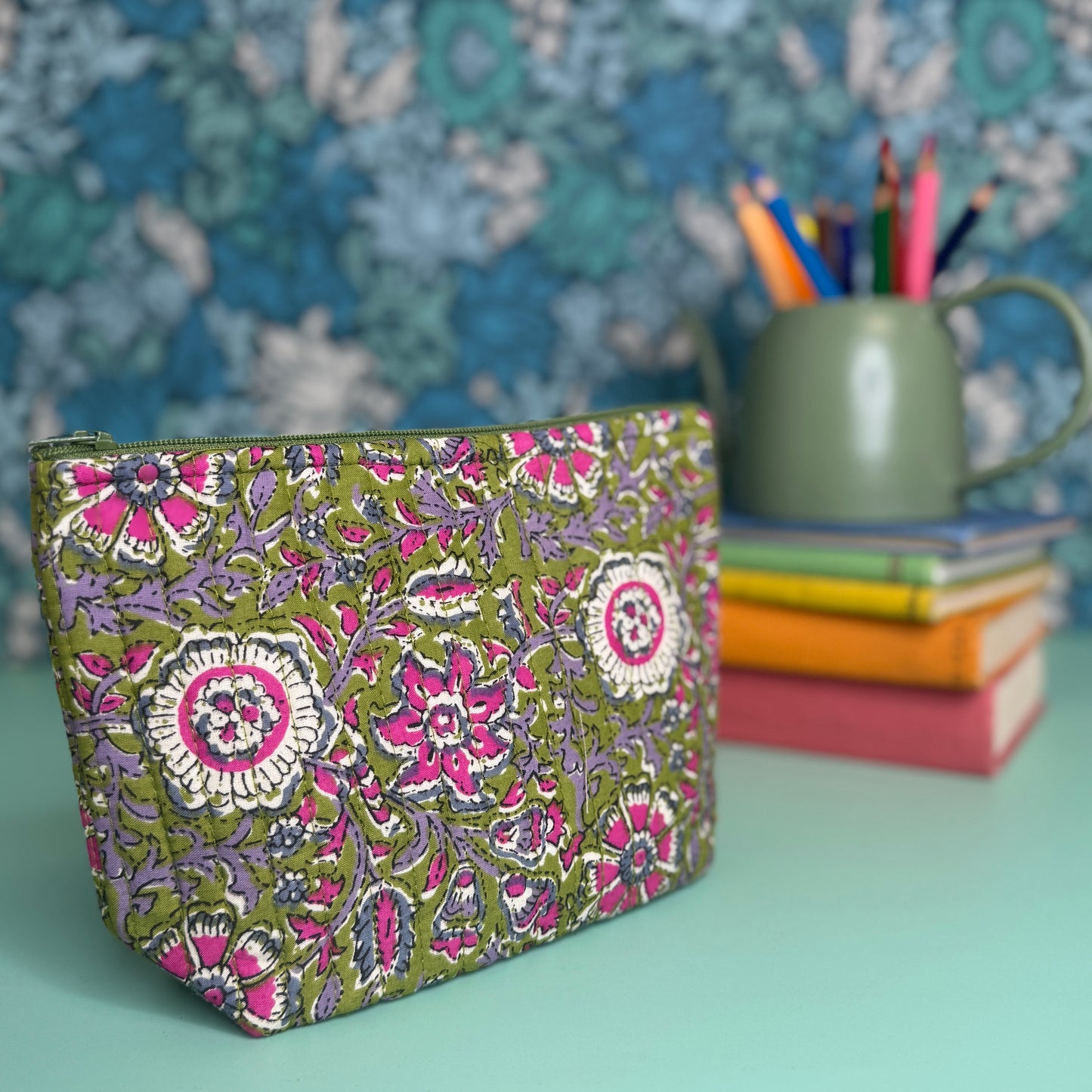 Quilted Everyday Zipped Pouch (Green with Pink Flowers & Striped Lining)