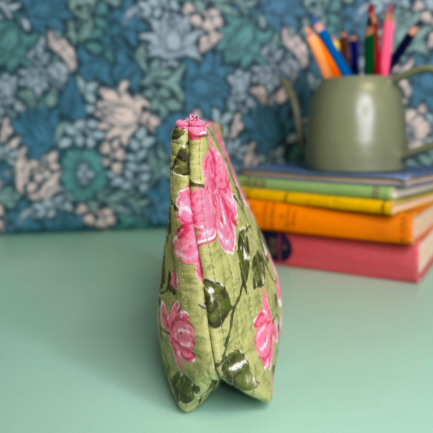 Quilted Everyday Zipped Pouch (Light Green with Pink Flowers & Pink Floral Lining)