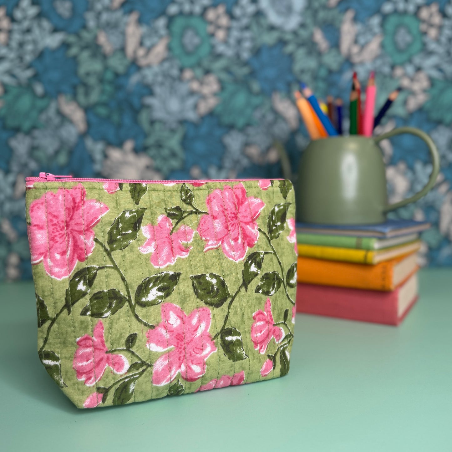 Quilted Everyday Zipped Pouch (Light Green with Pink Flowers & Pink Floral Lining)