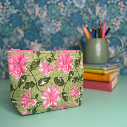 Quilted Everyday Zipped Pouch (Light Green with Pink Flowers & Pink Floral Lining)