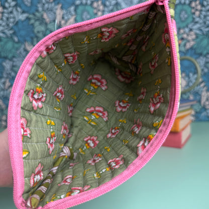 Quilted Everyday Zipped Pouch (Light Green with Pink Flowers & Pink Floral Lining)