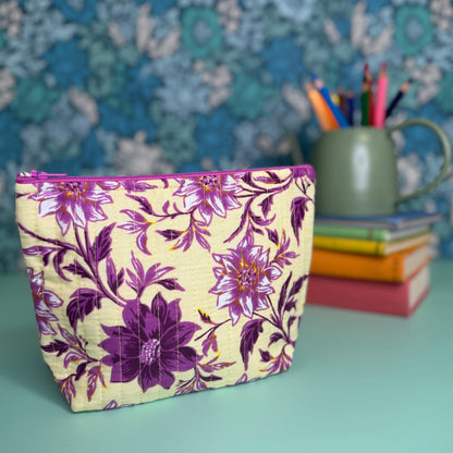 Quilted Everyday Zipped Pouch (Cream with Purple Flowers)