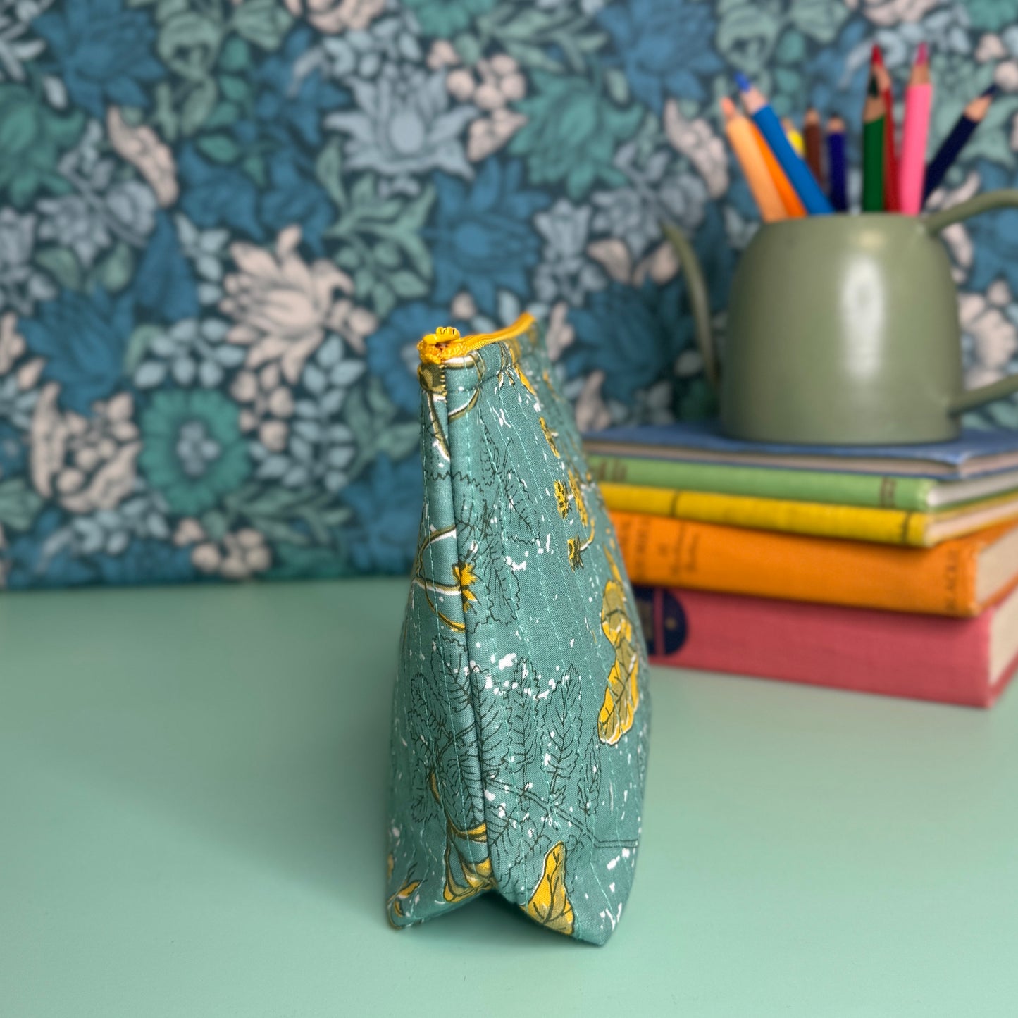 Quilted Everyday Zipped Pouch (Teal with Golden Leaves)