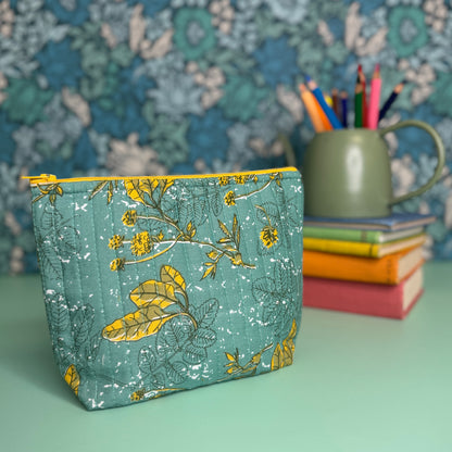 Quilted Everyday Zipped Pouch (Teal with Golden Leaves)