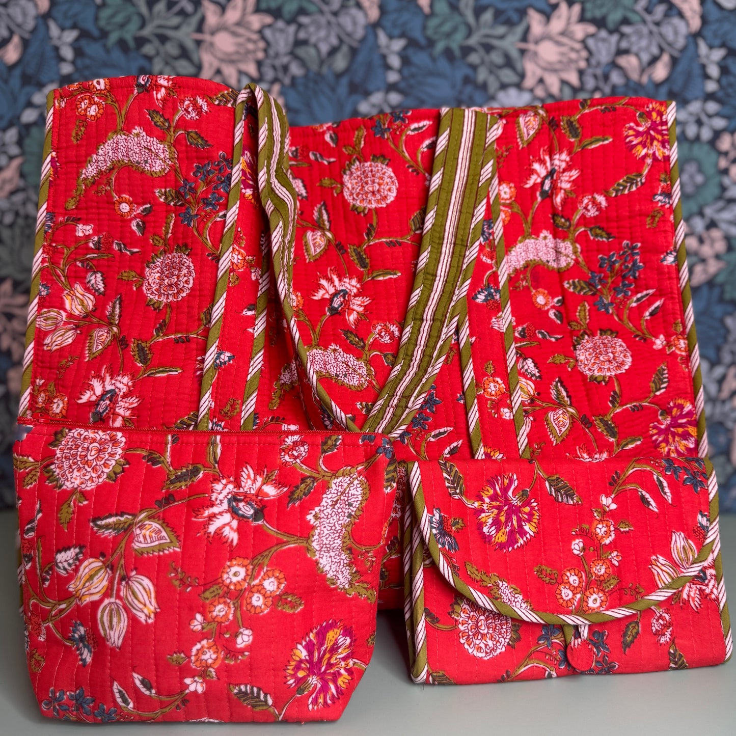 Quilted Everyday Zipped Pouch (Red with Colourful Flowers)