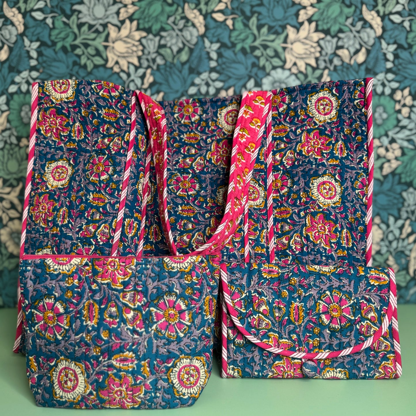 Quilted Really Useful Pouch (Blue with Pink Flowers & Pink Lining)