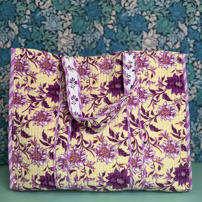 Large Reversible Quilted Tote Bag (Cream with Purple Flowers)