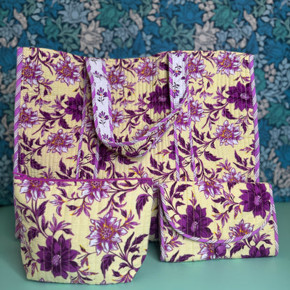 Quilted Everyday Zipped Pouch (Cream with Purple Flowers)