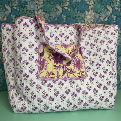 Large Reversible Quilted Tote Bag (Cream with Purple Flowers)