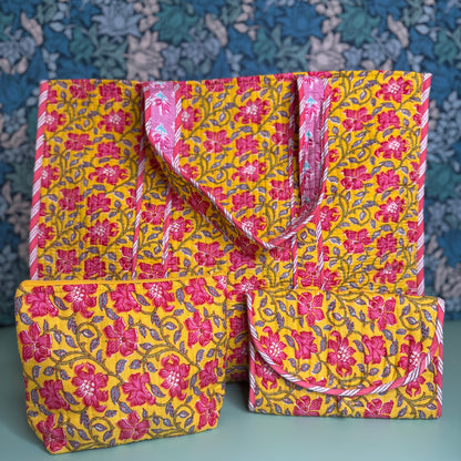 Quilted Everyday Zipped Pouch (Yellow with Pink Flowers)