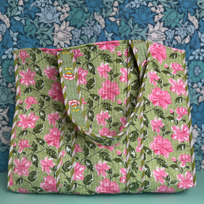 Large Reversible Quilted Tote Bag (Light Green with Pink Flowers & Pink Floral Lining)