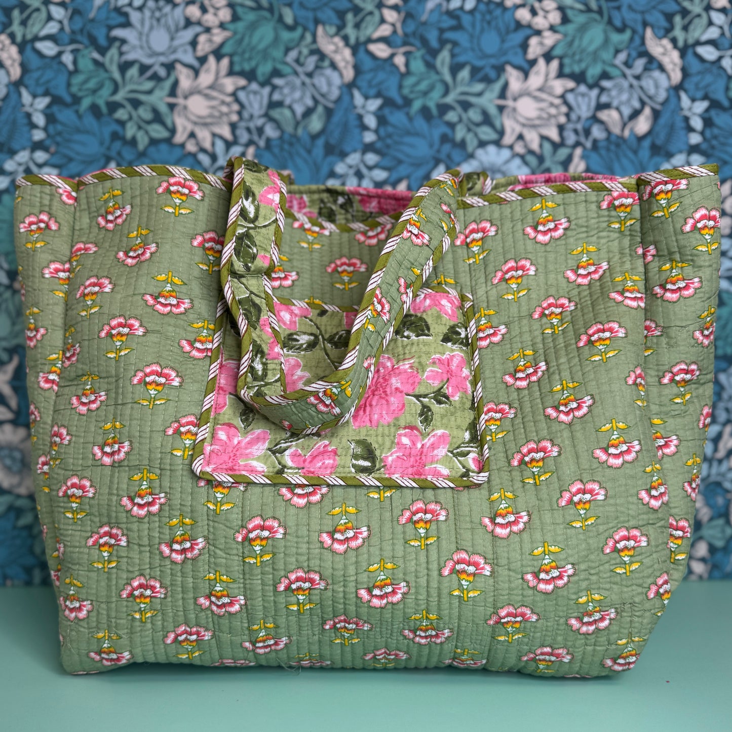 Large Reversible Quilted Tote Bag (Light Green with Pink Flowers & Pink Floral Lining)