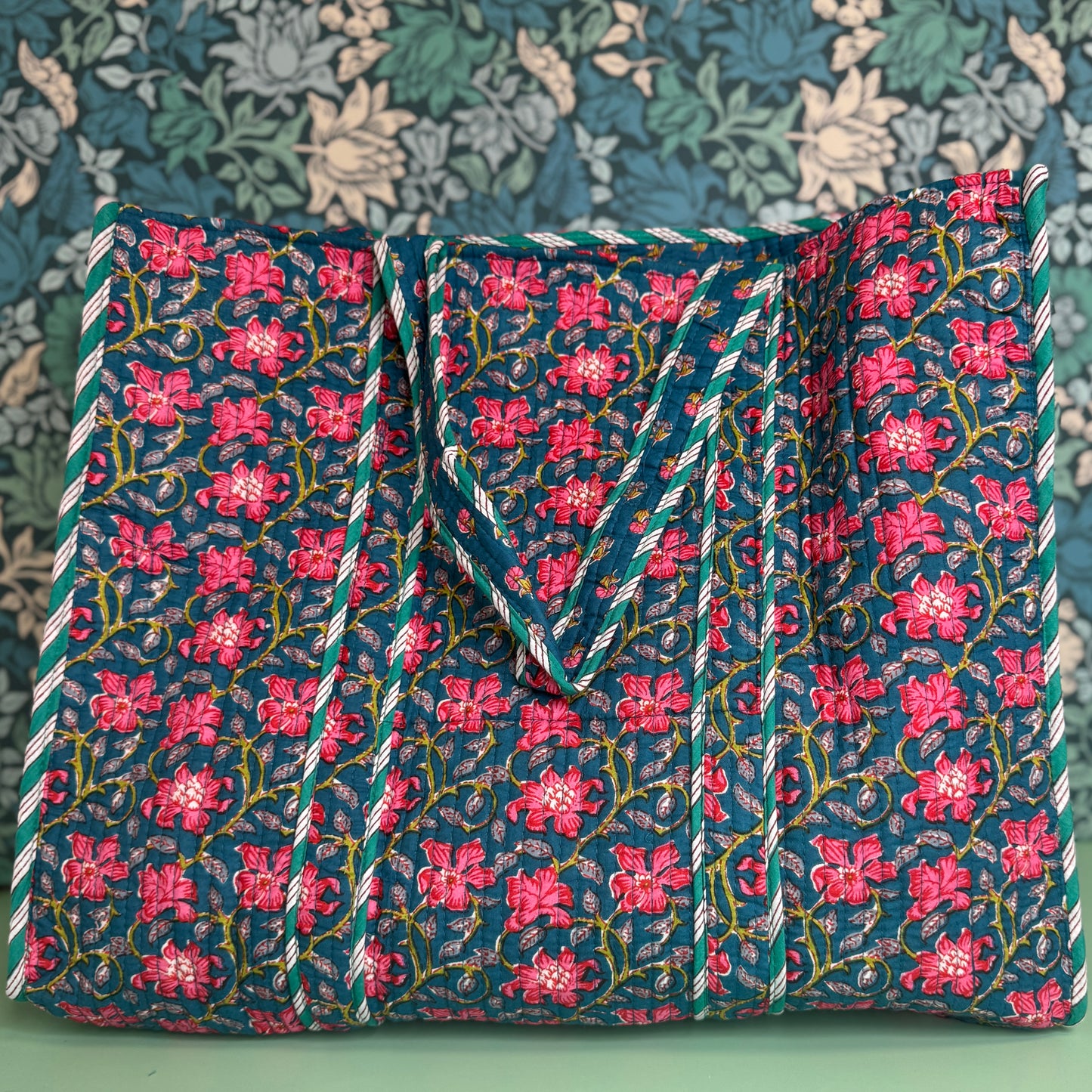 Large Reversible Quilted Tote Bag (Blue with Pink Flowers & Blue Lining)