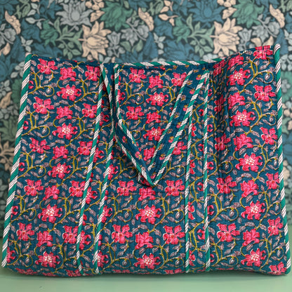 Large Reversible Quilted Tote Bag (Blue with Pink Flowers & Blue Lining)