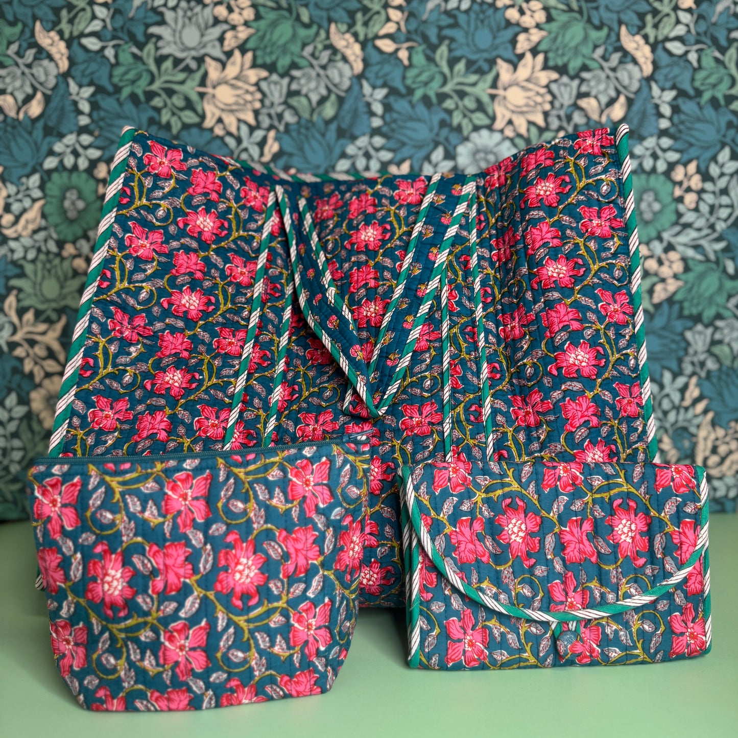 Quilted Everyday Zipped Pouch (Blue with Pink Flowers & Blue Lining)