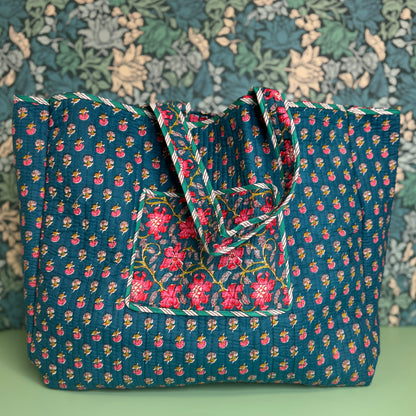 Large Reversible Quilted Tote Bag (Blue with Pink Flowers & Blue Lining)