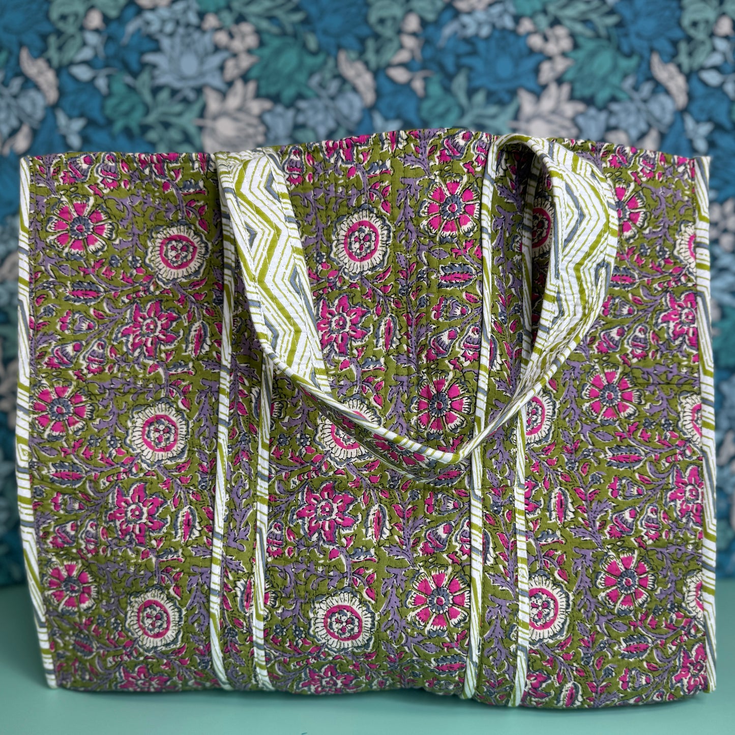 Large Reversible Quilted Tote Bag (Green with Pink Flowers & Striped Lining)