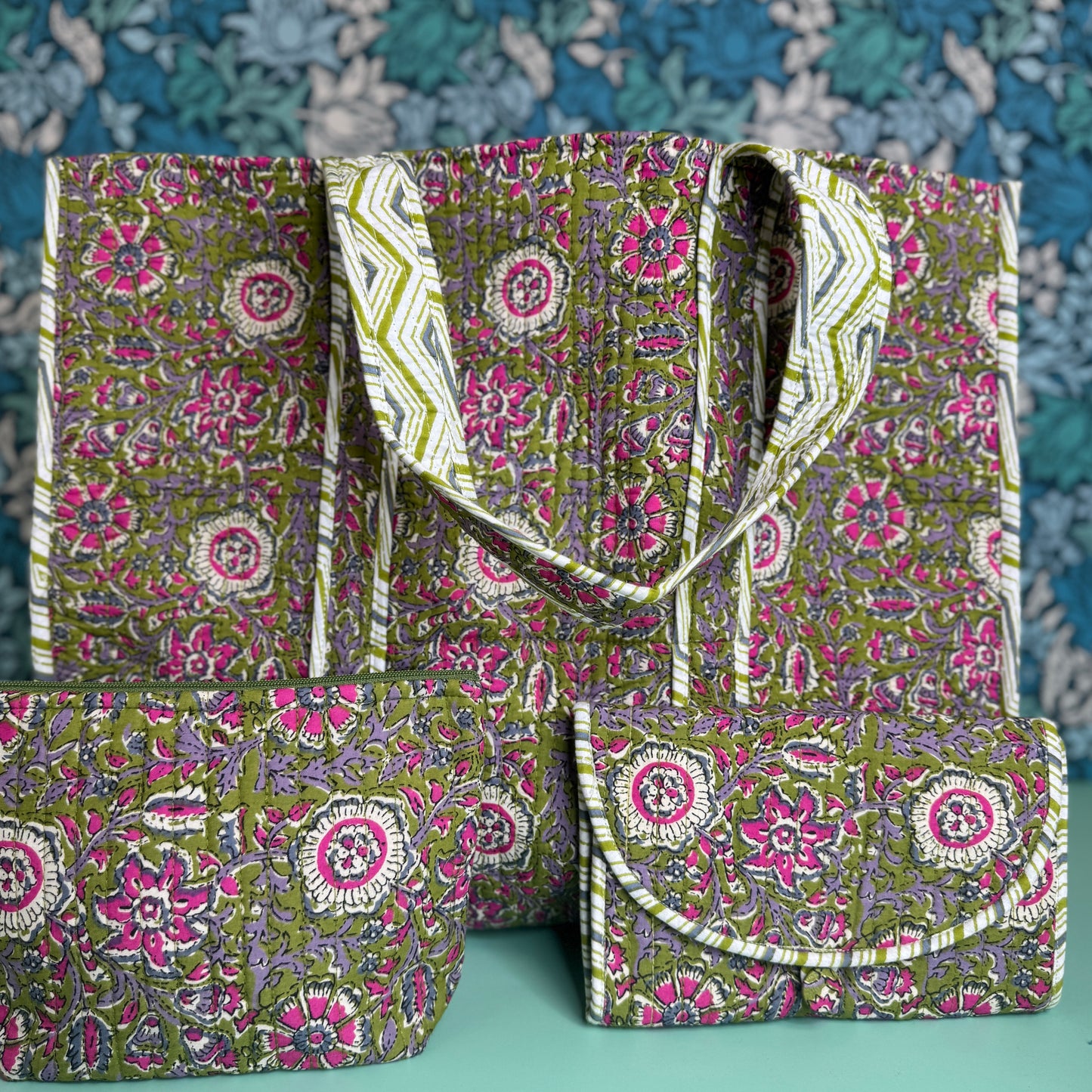 Large Reversible Quilted Tote Bag (Green with Pink Flowers & Striped Lining)