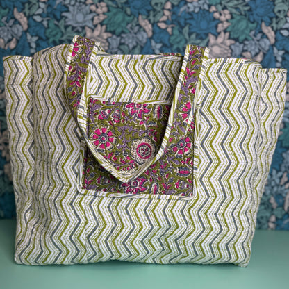 Large Reversible Quilted Tote Bag (Green with Pink Flowers & Striped Lining)