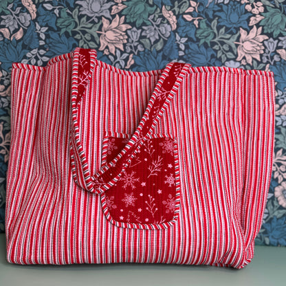 Large Reversible Quilted Tote Bag (Red with Christmas Patterns)