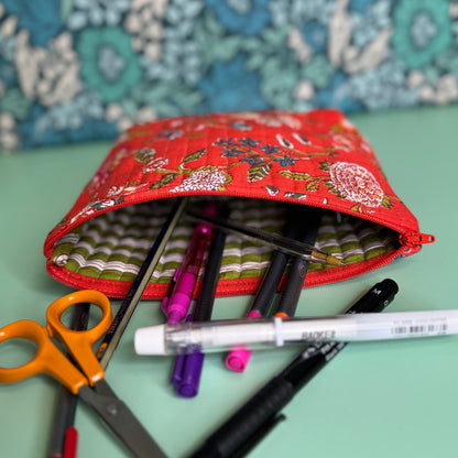 Quilted Everyday Zipped Pouch (Red with Colourful Flowers)