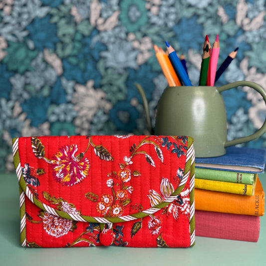 Quilted Really Useful Pouch (Red with Colourful Flowers)