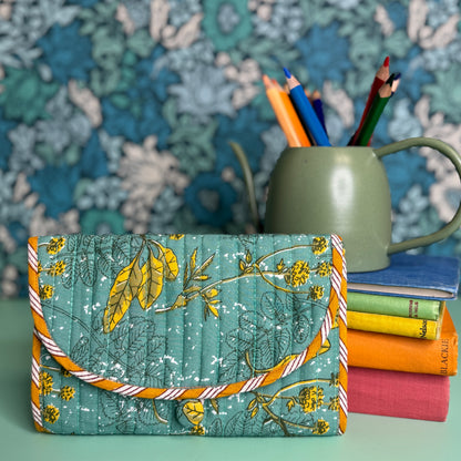 Quilted Really Useful Pouch (Teal with Golden Leaves)