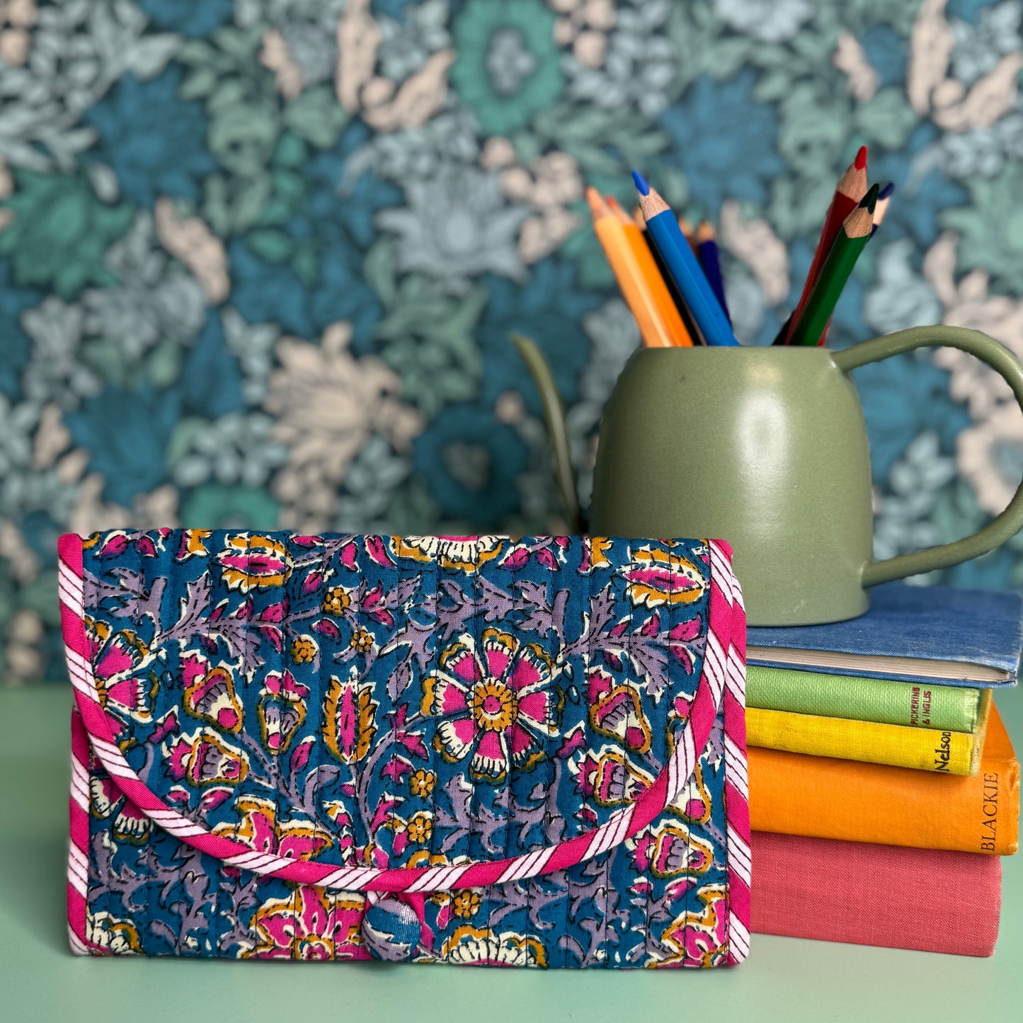 Quilted Really Useful Pouch (Blue with Pink Flowers & Pink Lining)