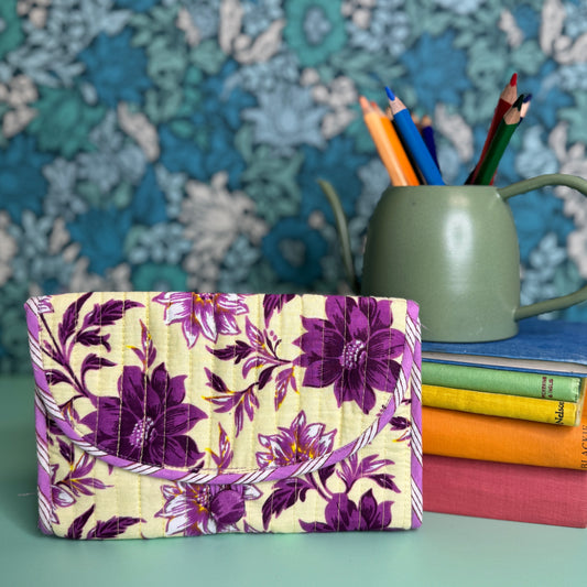 Quilted Really Useful Pouch (Cream with Purple Flowers)