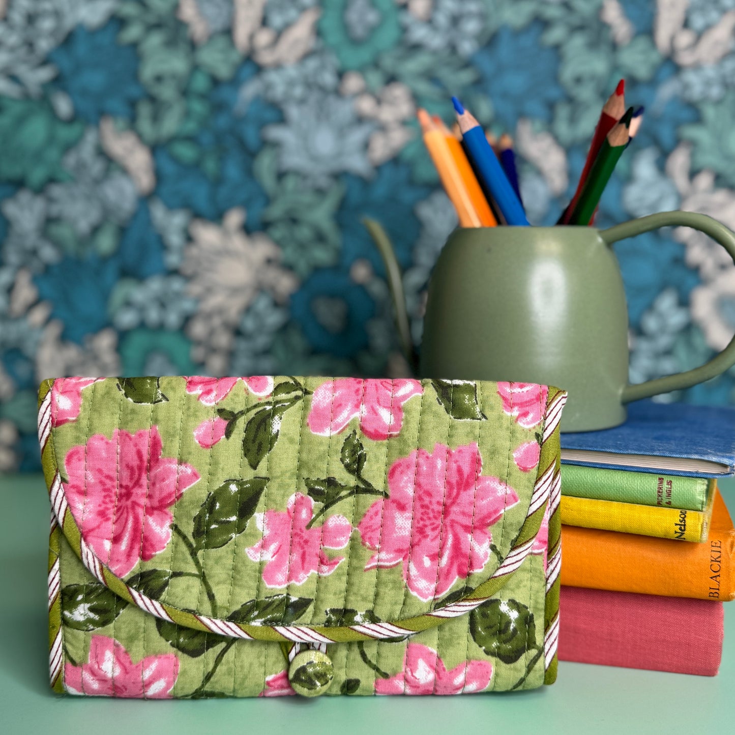 Quilted Really Useful Pouch (Light Green with Pink Flowers & Pink Floral Lining)