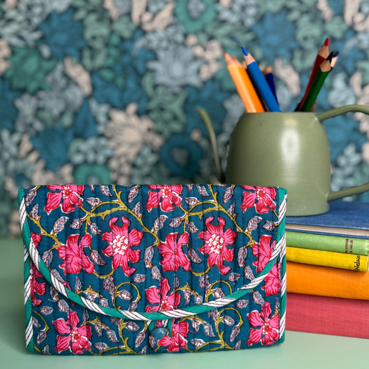 Quilted Really Useful Pouch (Blue with Pink Flowers & Blue Lining)