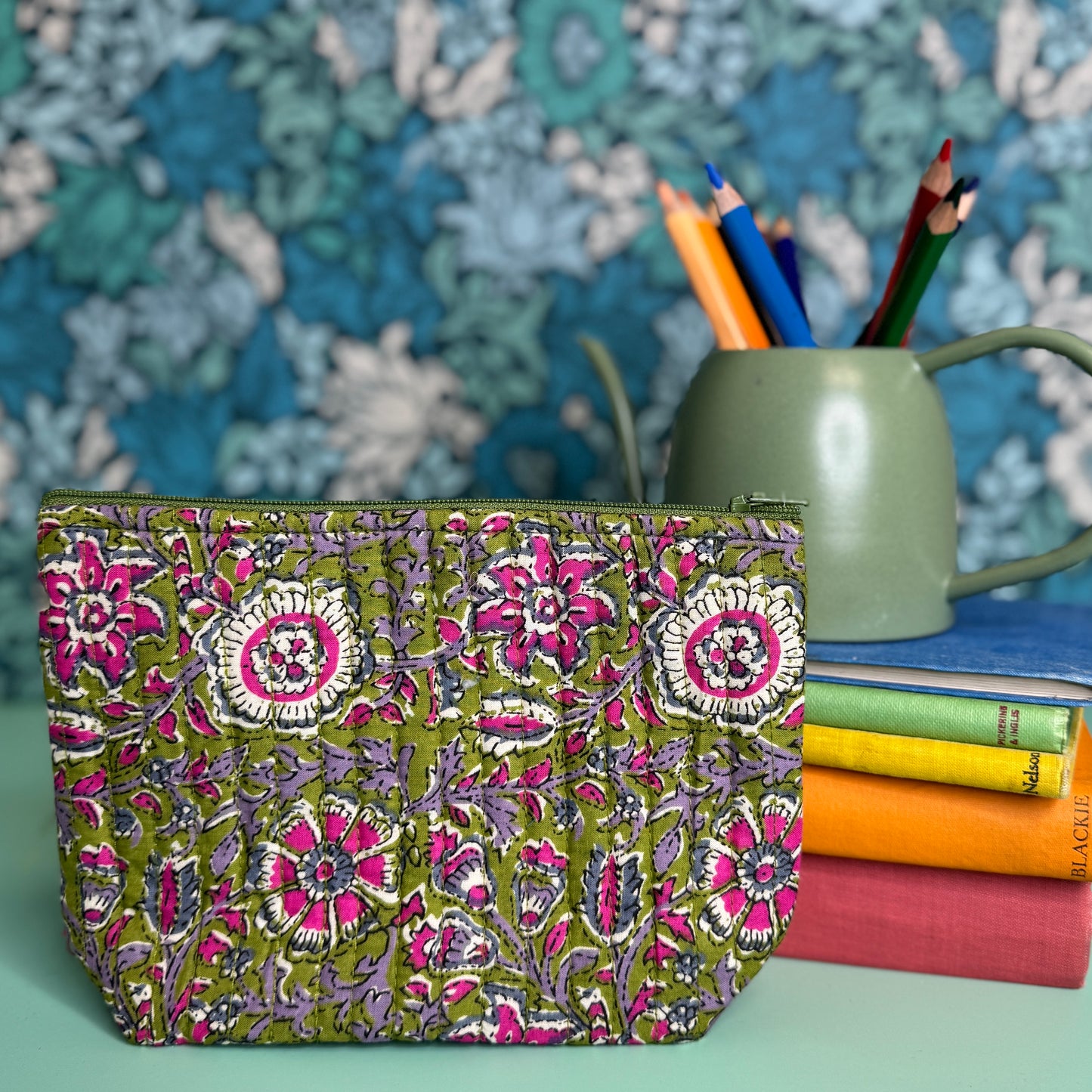 Quilted Everyday Zipped Pouch (Green with Pink Flowers & Striped Lining)