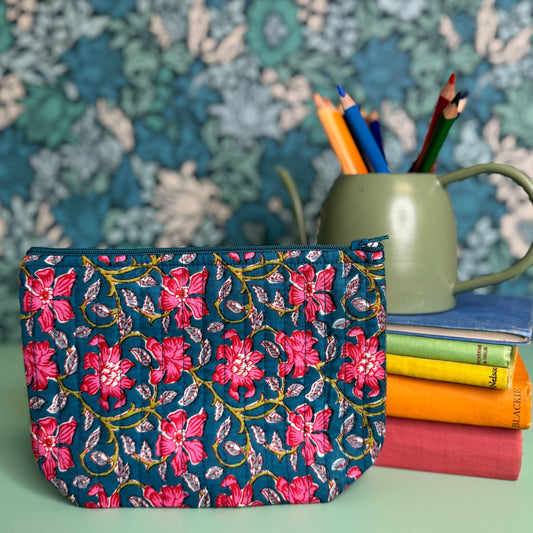 Quilted Everyday Zipped Pouch (Blue with Pink Flowers & Blue Lining)