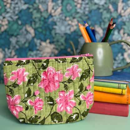 Quilted Everyday Zipped Pouch (Light Green with Pink Flowers & Pink Floral Lining)