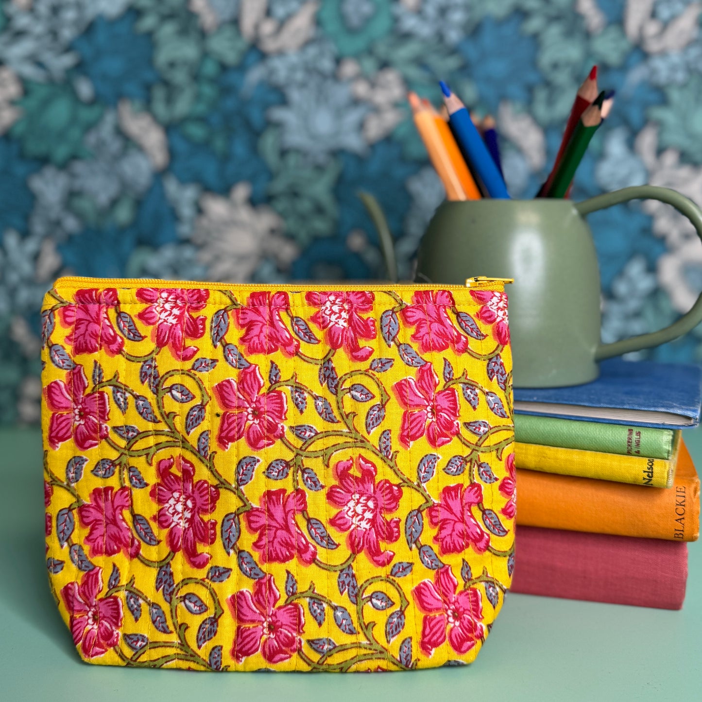 Quilted Everyday Zipped Pouch (Yellow with Pink Flowers)