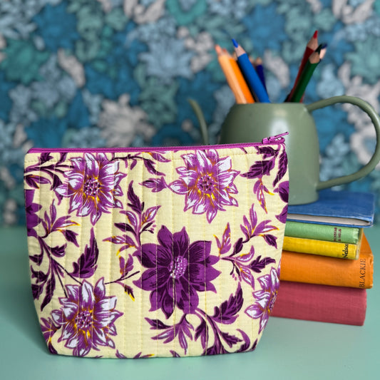 Quilted Everyday Zipped Pouch (Cream with Purple Flowers)