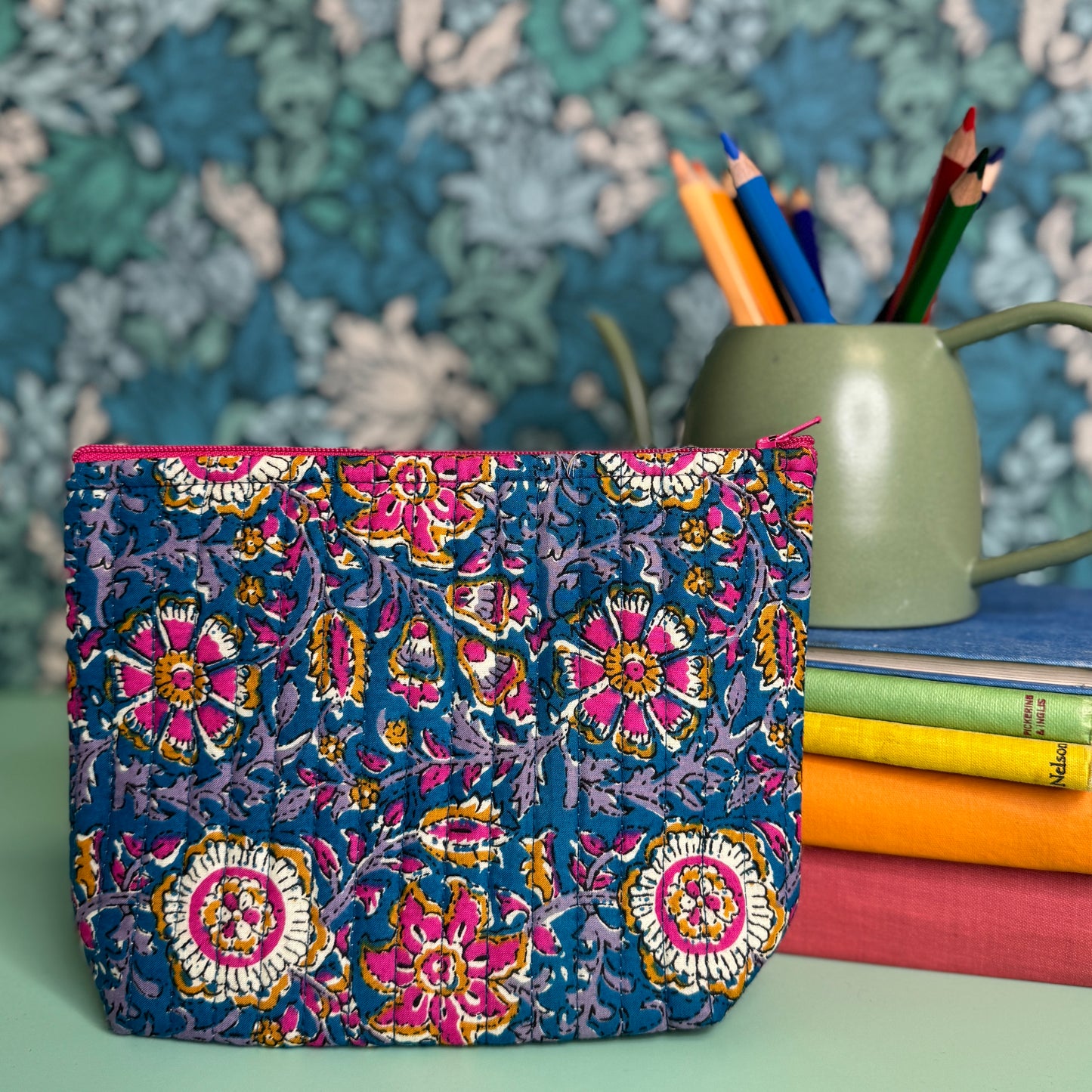 Quilted Everyday Zipped Pouch (Blue with Pink Flowers & Pink Lining)