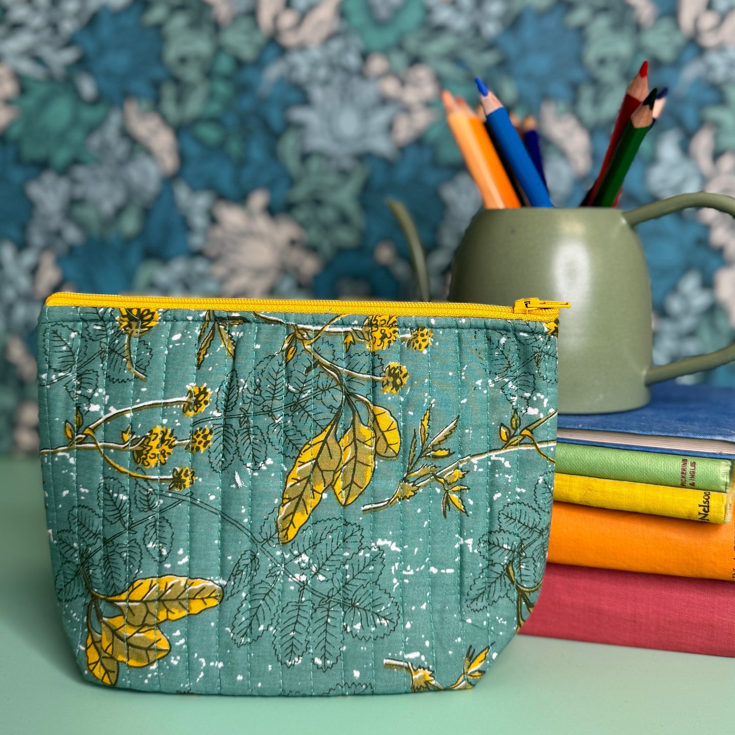 Quilted Everyday Zipped Pouch (Teal with Golden Leaves)