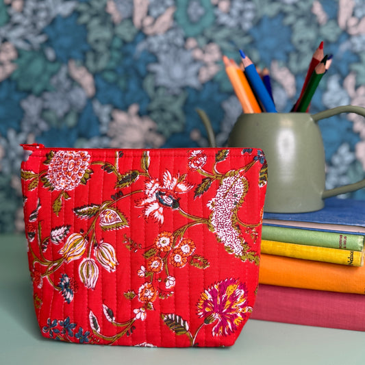 Quilted Everyday Zipped Pouch (Red with Colourful Flowers)