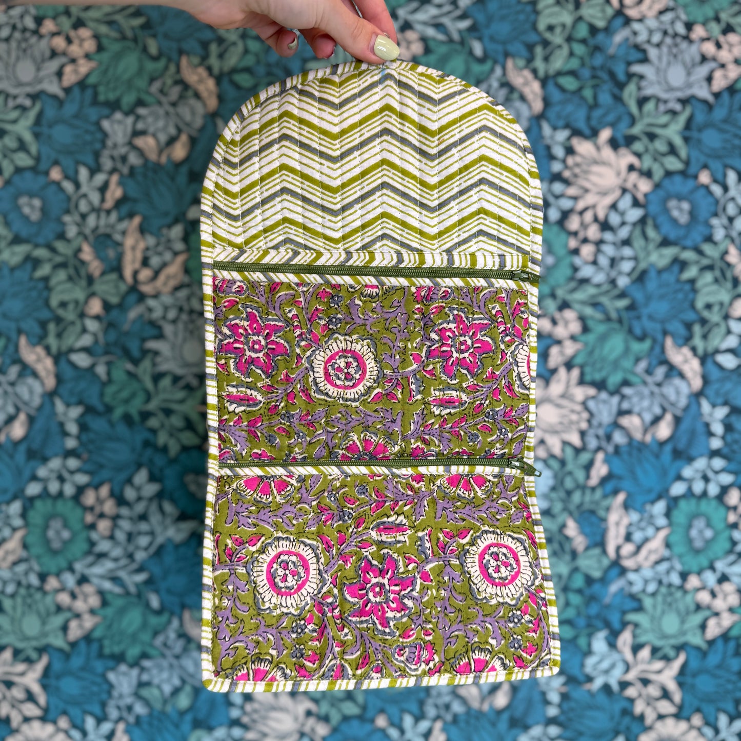 Quilted Really Useful Pouch (Green with Pink Flowers & Striped Lining)